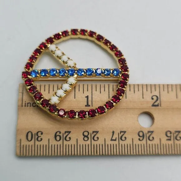 Vintage Gold Tone Patriotic Rhinestone Peace Symbol Brooch Pin - Picture 4 of 4